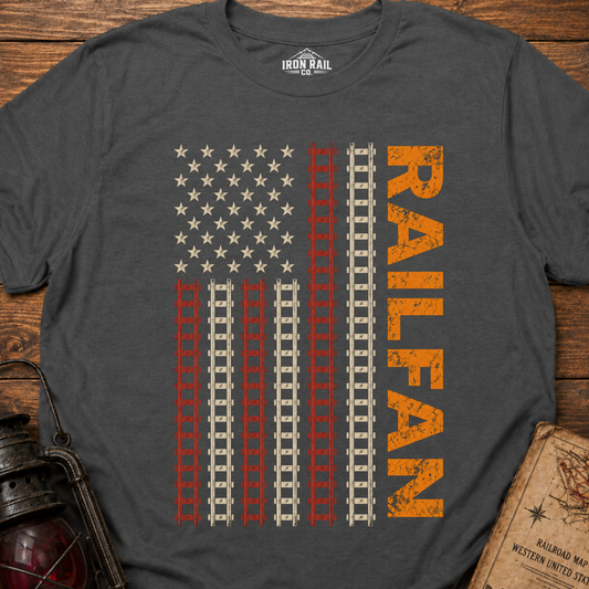 Railfan American Flag T-Shirt – Distressed Train Tracks USA Flag