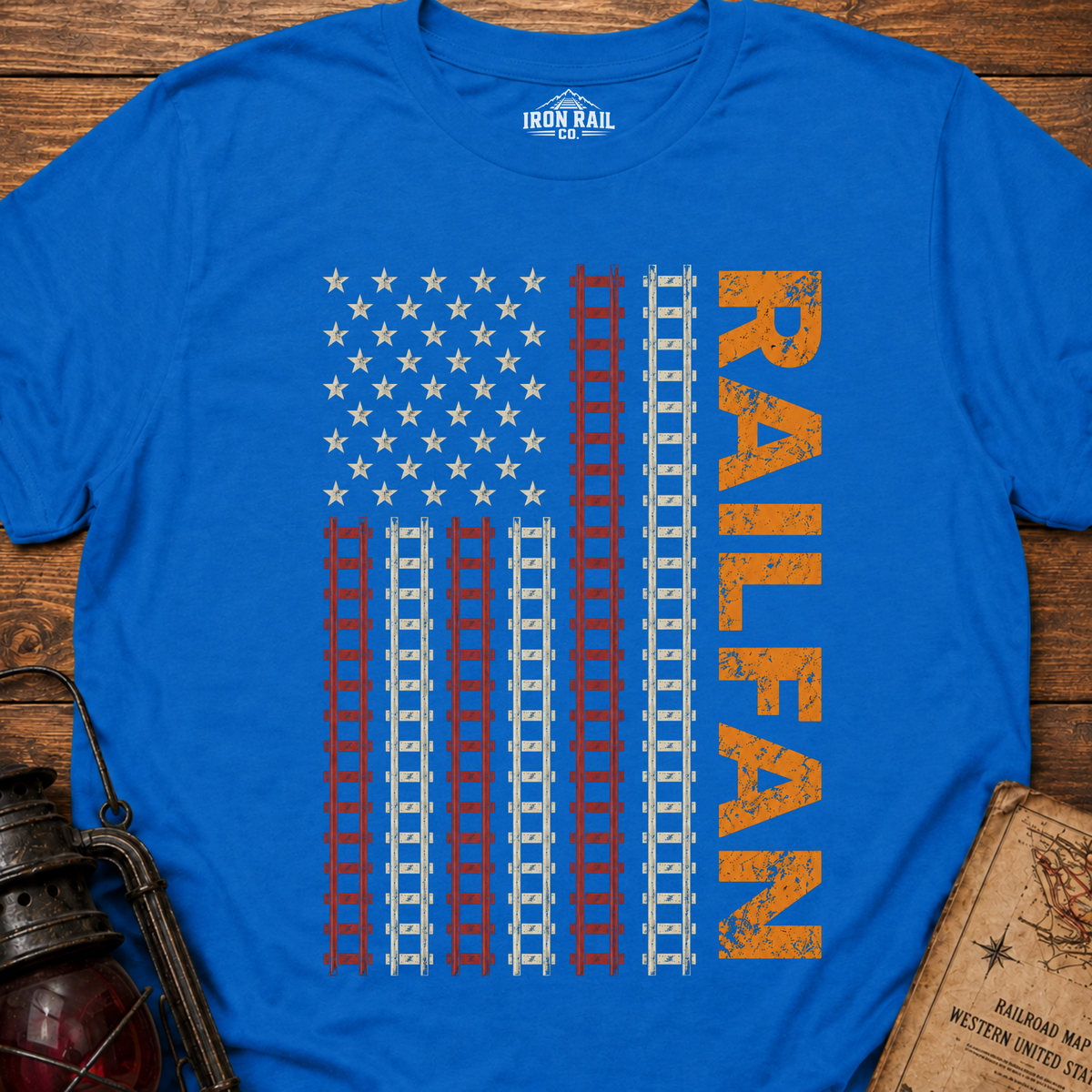Railfan American Flag T-Shirt – Distressed Train Tracks USA Flag