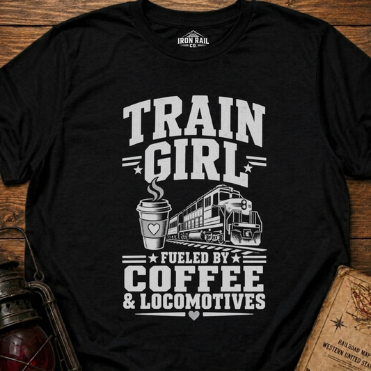 Train Girl Fueled by Coffee & Locomotives T-Shirt