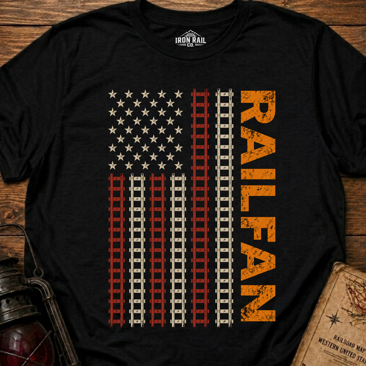 Railfan American Flag T-Shirt – Distressed Train Tracks USA Flag