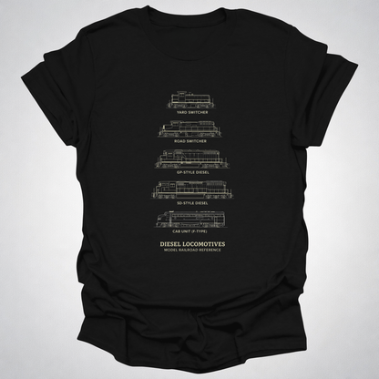 Diesel Locomotives Model Railroad T-Shirt | Classic Diesel Types Reference Railfan Tee