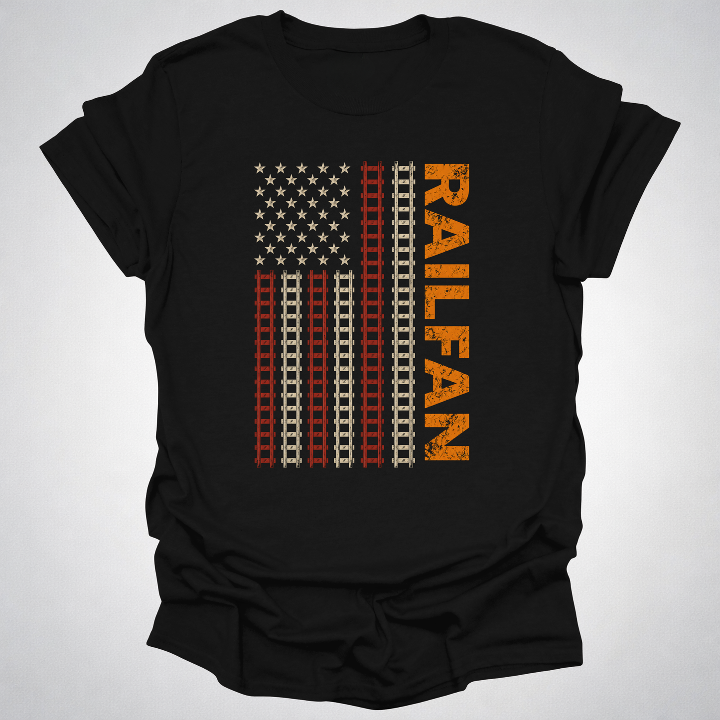 Railfan American Flag T-Shirt – Distressed Train Tracks USA Flag