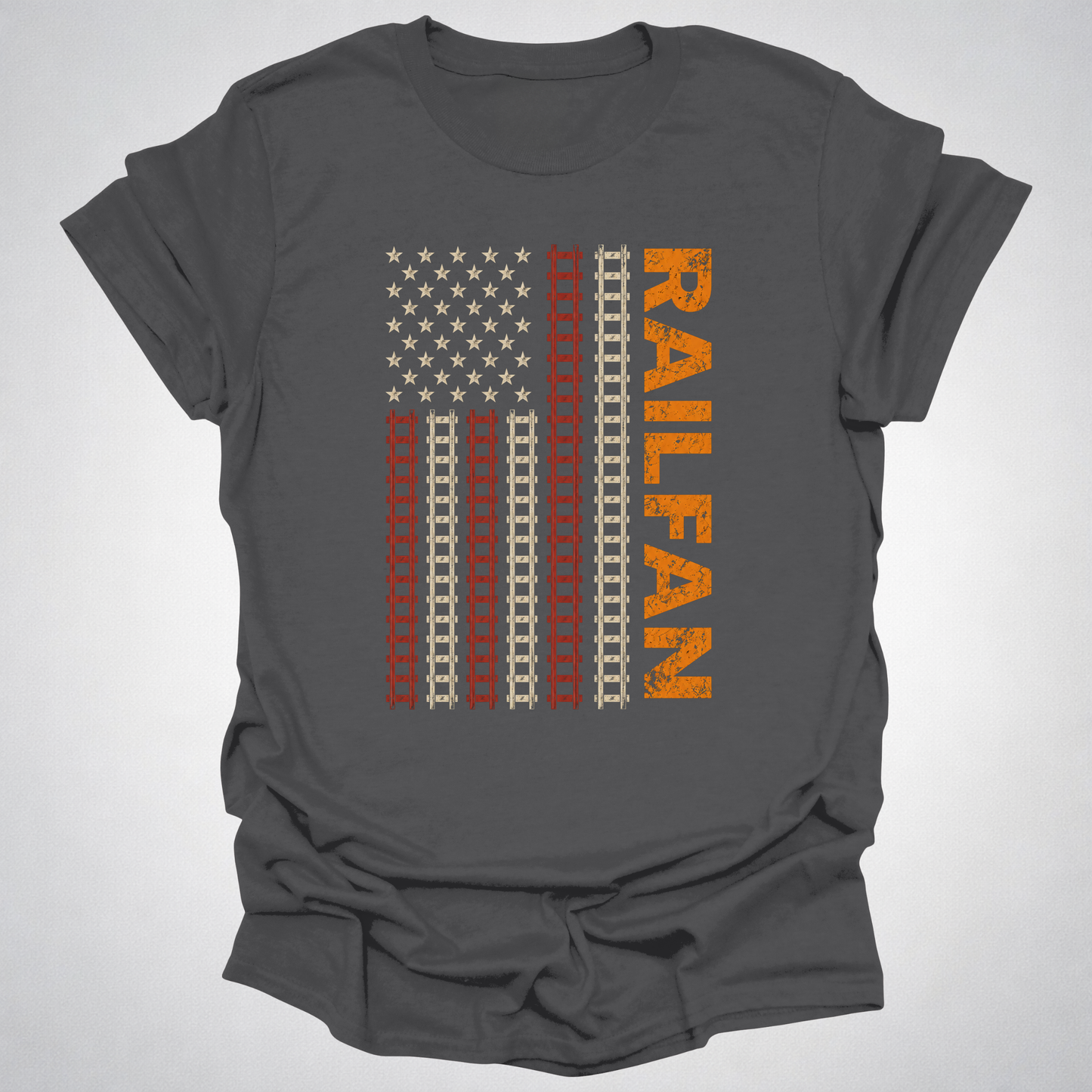 Railfan American Flag T-Shirt – Distressed Train Tracks USA Flag