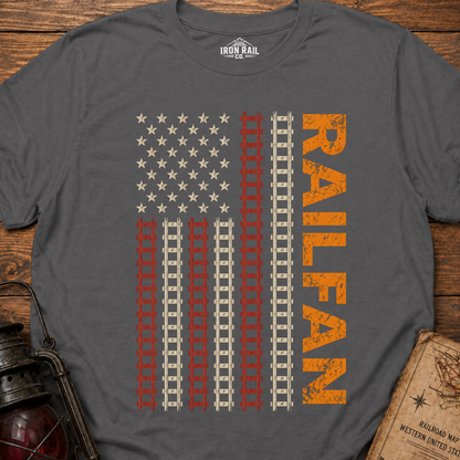Railfan American Flag T-Shirt – Distressed Train Tracks USA Flag