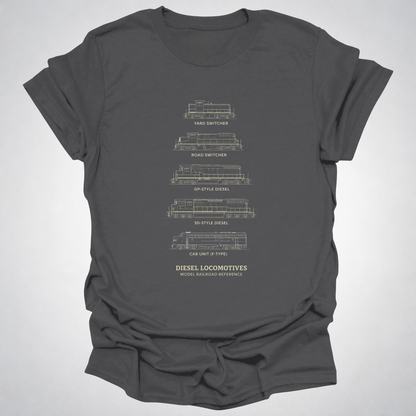 Diesel Locomotives Model Railroad T-Shirt | Classic Diesel Types Reference Railfan Tee