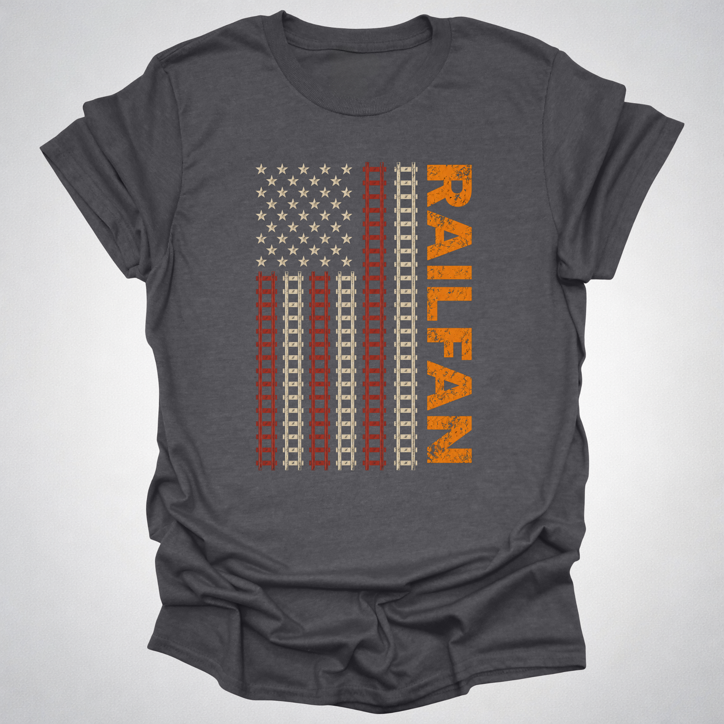 Railfan American Flag T-Shirt – Distressed Train Tracks USA Flag