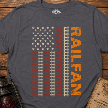 Railfan American Flag T-Shirt – Distressed Train Tracks USA Flag