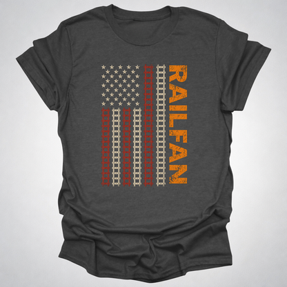 Railfan American Flag T-Shirt – Distressed Train Tracks USA Flag
