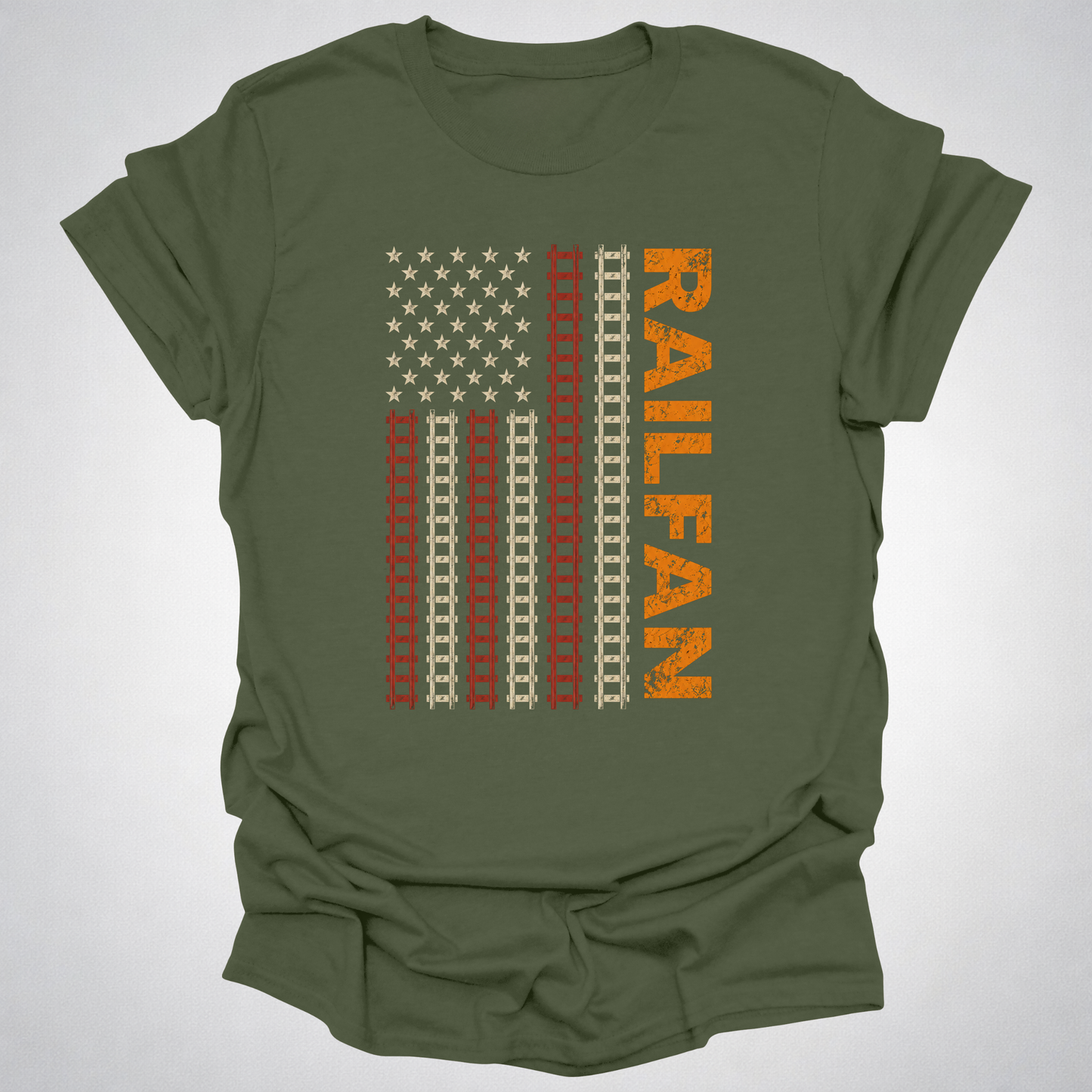 Railfan American Flag T-Shirt – Distressed Train Tracks USA Flag