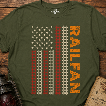 Railfan American Flag T-Shirt – Distressed Train Tracks USA Flag