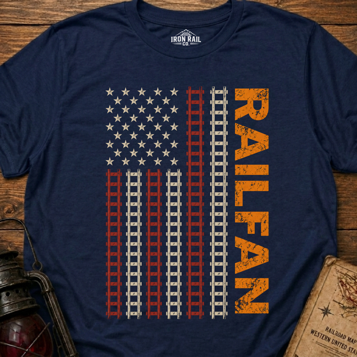 Railfan American Flag T-Shirt – Distressed Train Tracks USA Flag