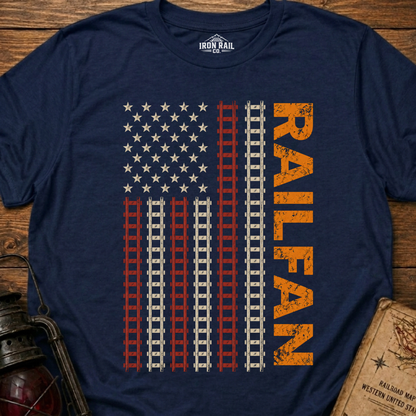 Railfan American Flag T-Shirt – Distressed Train Tracks USA Flag