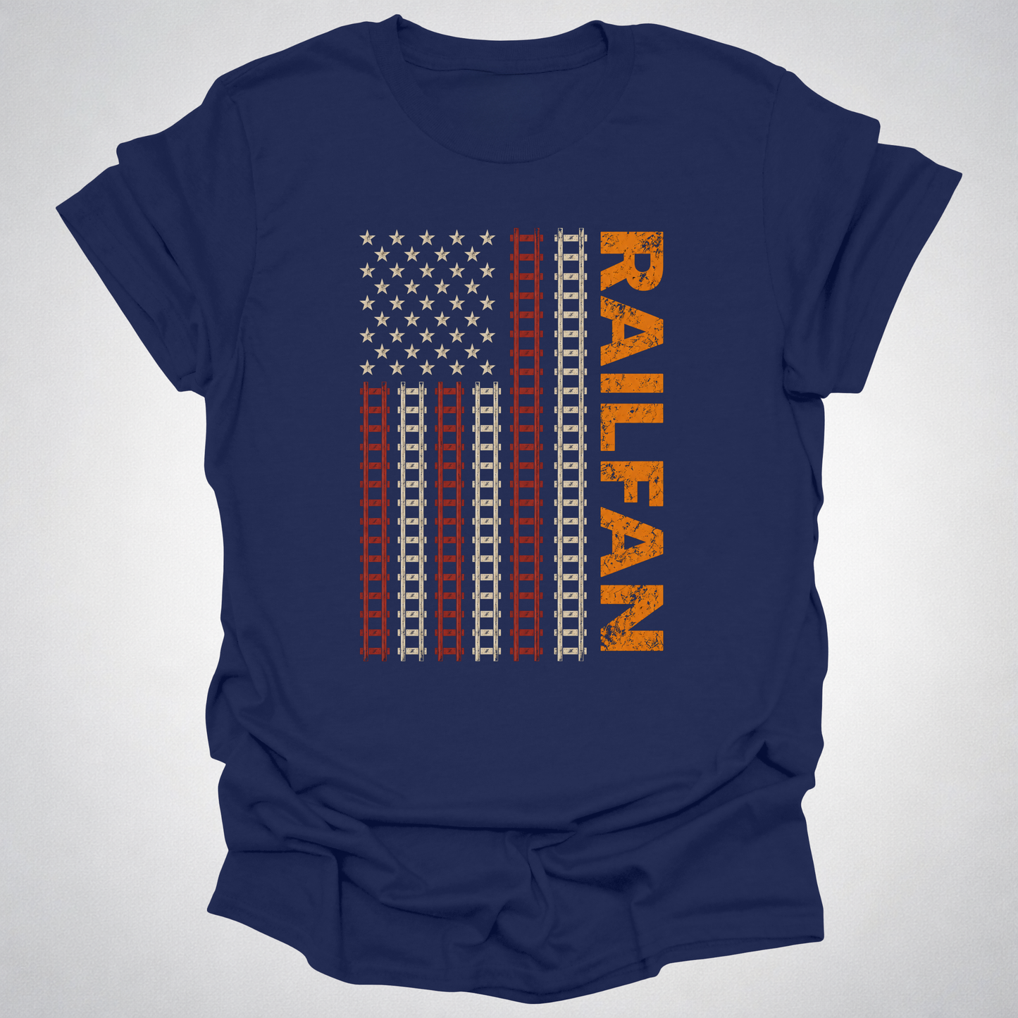 Railfan American Flag T-Shirt – Distressed Train Tracks USA Flag