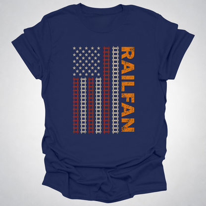Railfan American Flag T-Shirt – Distressed Train Tracks USA Flag