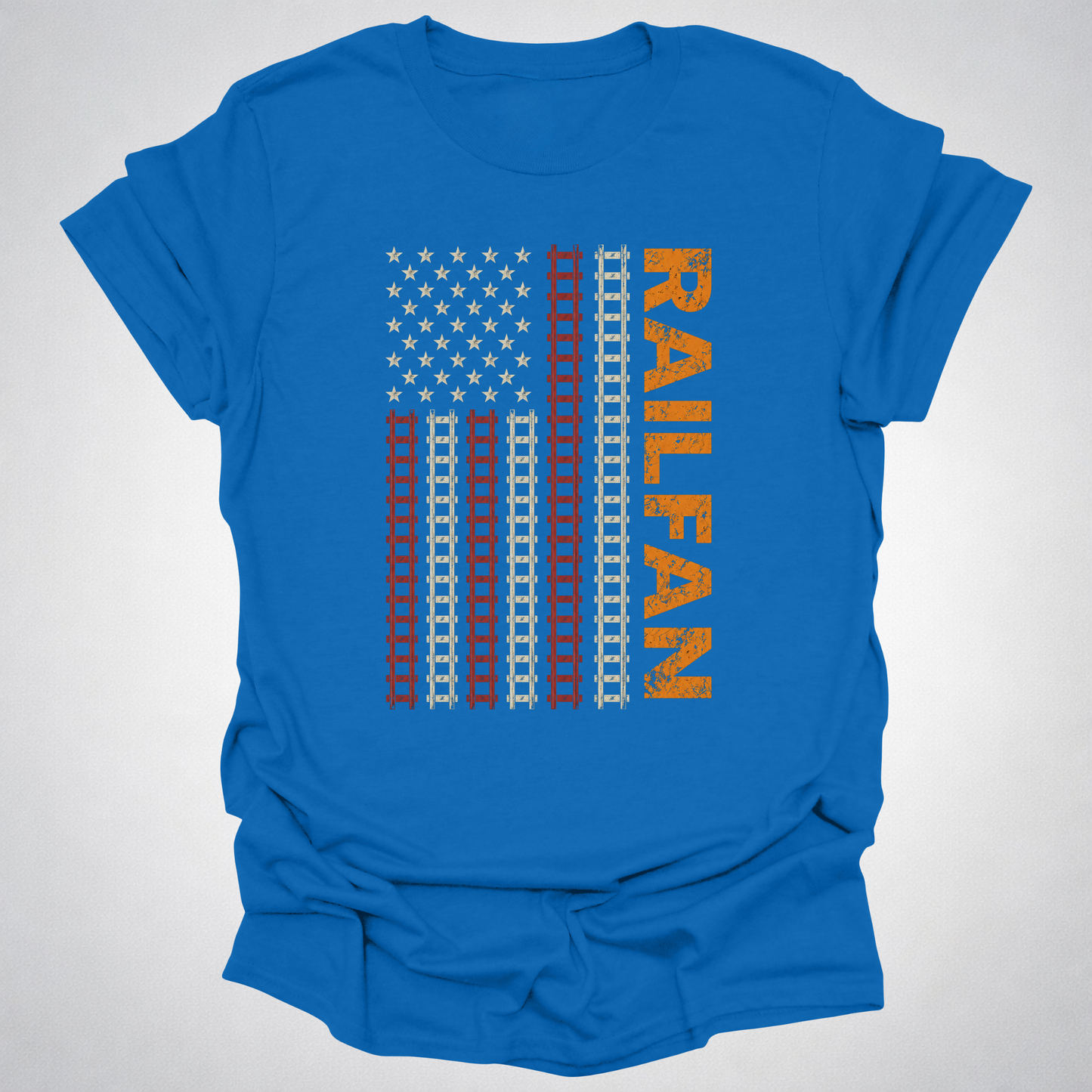 Railfan American Flag T-Shirt – Distressed Train Tracks USA Flag