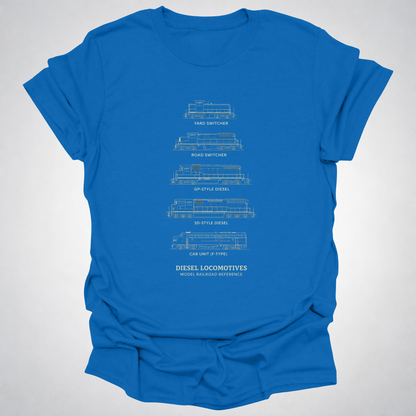 Diesel Locomotives Model Railroad T-Shirt | Classic Diesel Types Reference Railfan Tee
